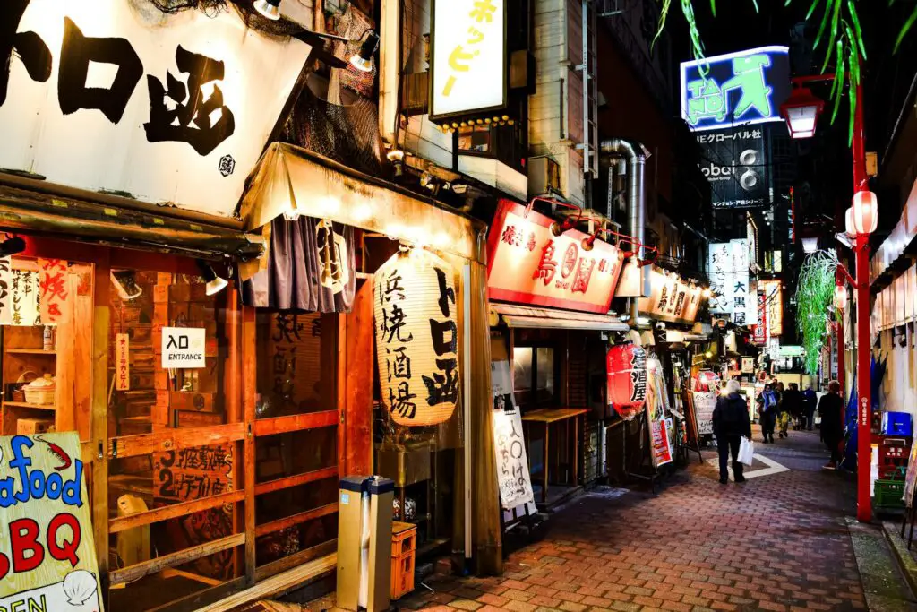 People Walking Down an Alley with Cafes and Shops, Shinjuku, Tokyo