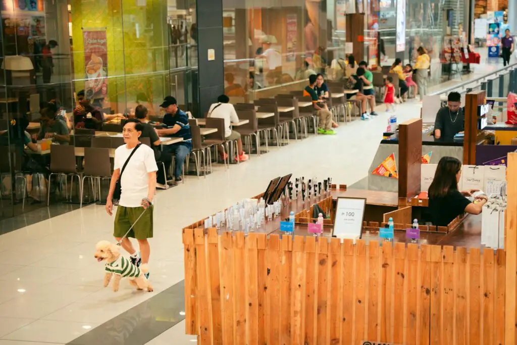 A woman walking her dog in a mall