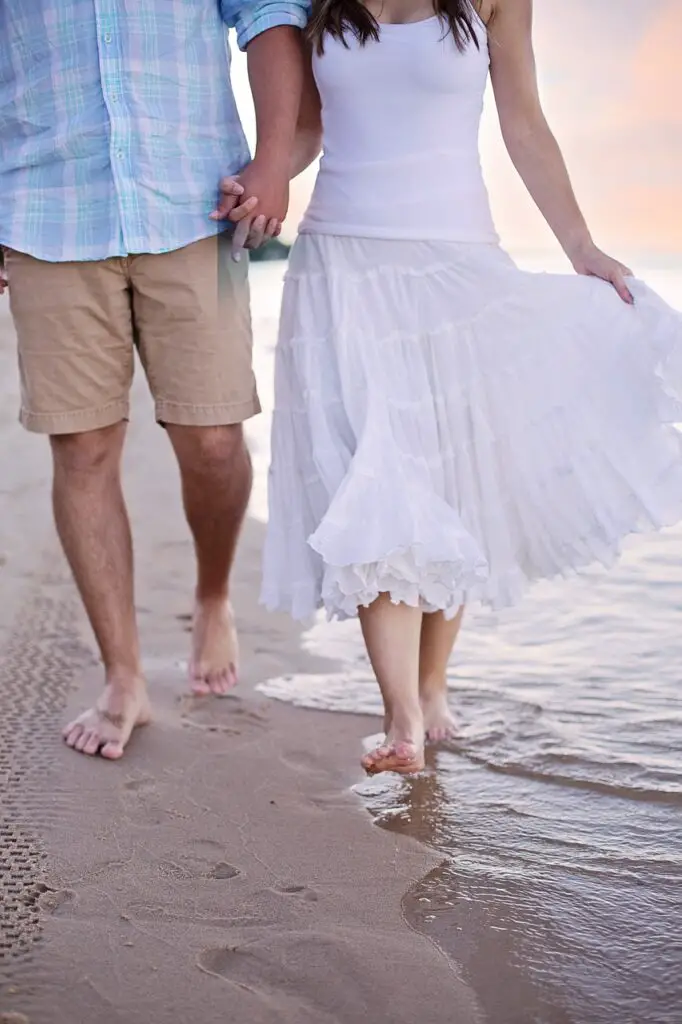 beach, walking, couple